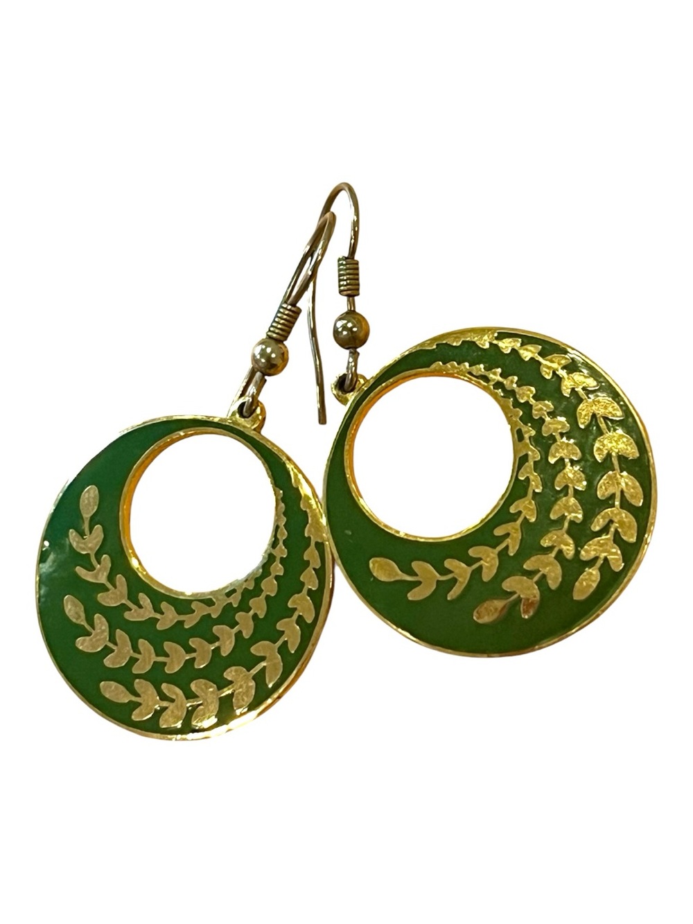 Artisan Gold-Trim Green Enamel Round Drop Earrings